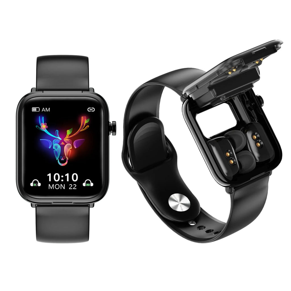 Black all-touch smartwatch with integrated Bluetooth earpieces, showing a 1.69-inch display on a zinc alloy body.