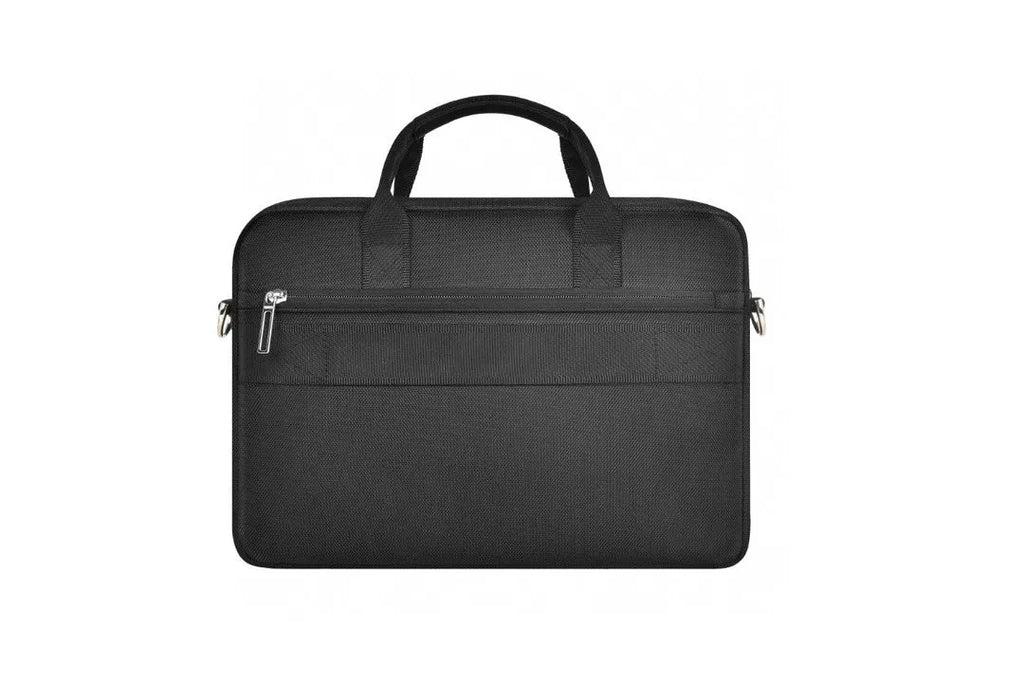Black oxford cloth laptop handbag showing multi-pocket interior and separate padded computer compartment.