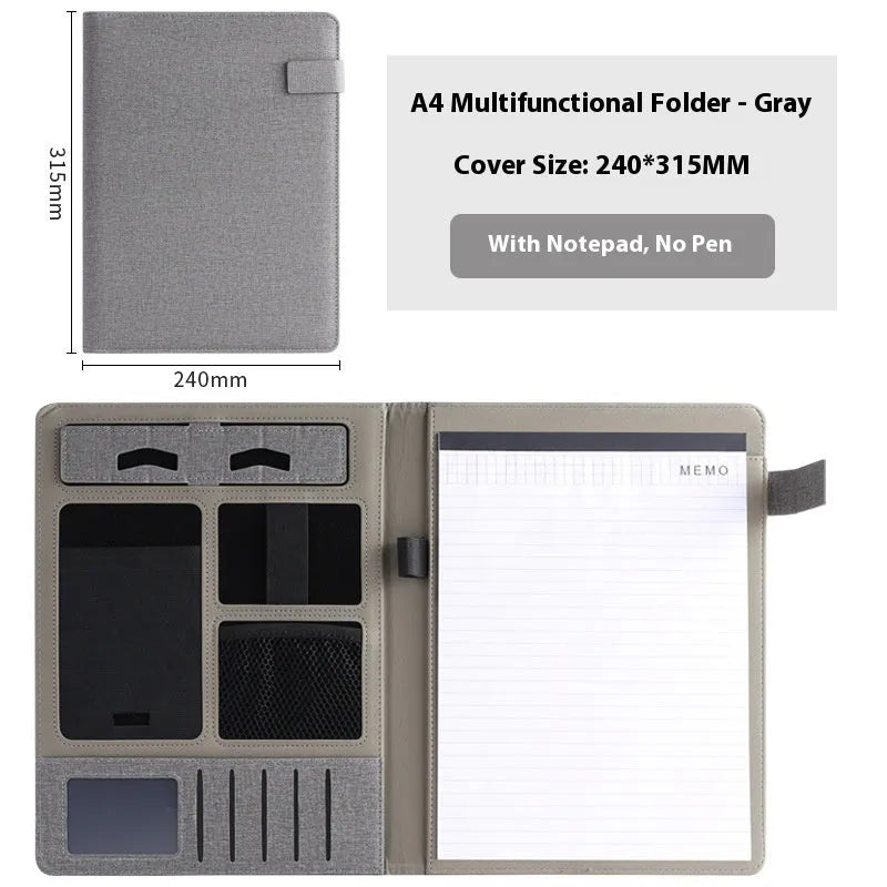 Leather A4 business folder with optional pen and notepad accessories in black colour