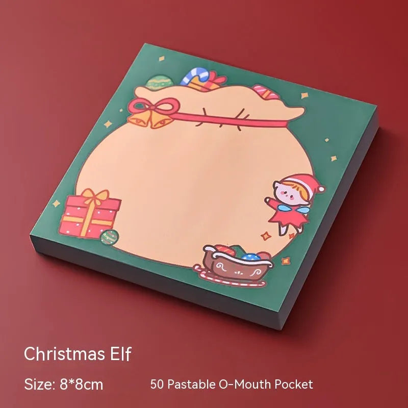 Christmas cartoon sticky notes set with Santa Claus, Elf, Snowman, Gift, Sled, House, Crystal Ball, and Christmas Bear designs
