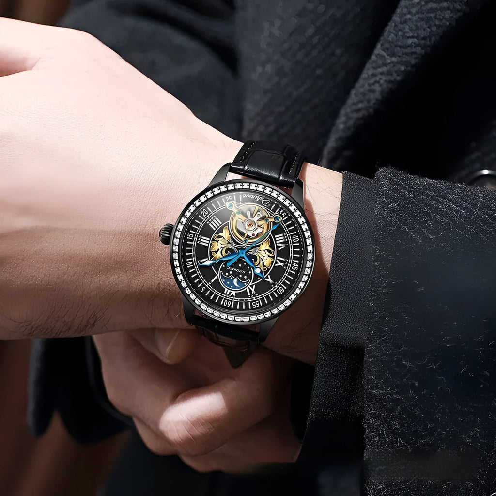 Round mechanical men's watch with stainless steel strap and transparent case back showing movement