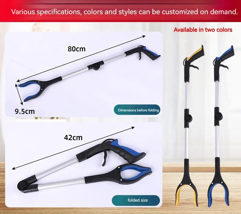 Foldable aluminium garbage pick-up clamp shown extended and collapsed, with magnetic sucker and coloured handle options.