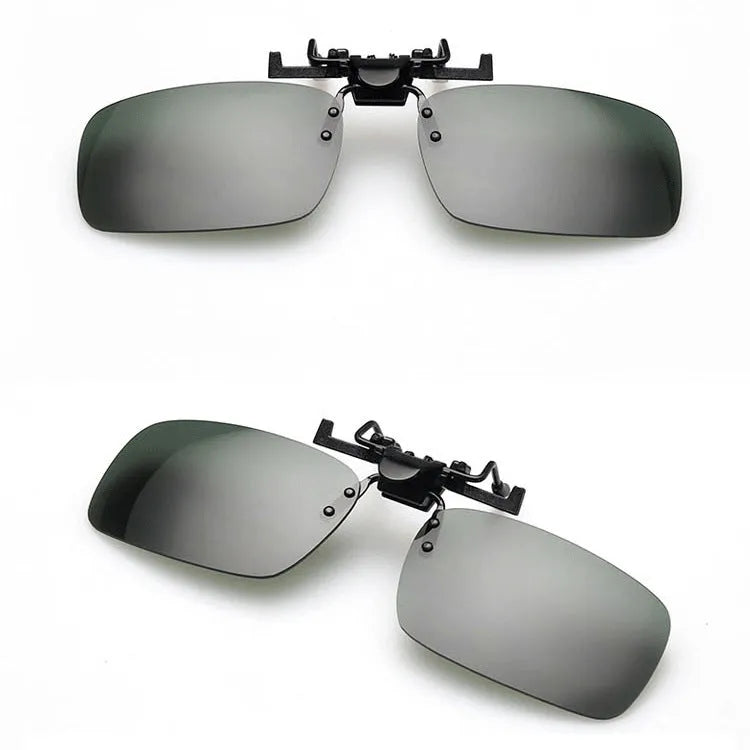 PC clip-on sunglasses for prescription glasses in large and small sizes with dark green, grey, and night vision tint lenses