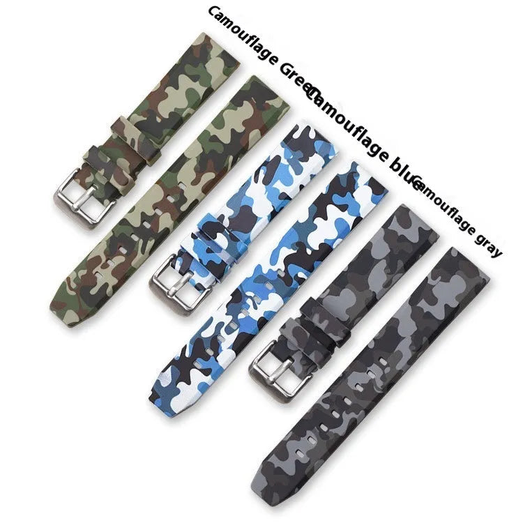 Camouflage patterned silicone watch strap showing blue, grey, and green colour options in 20mm, 22mm, and 24mm widths