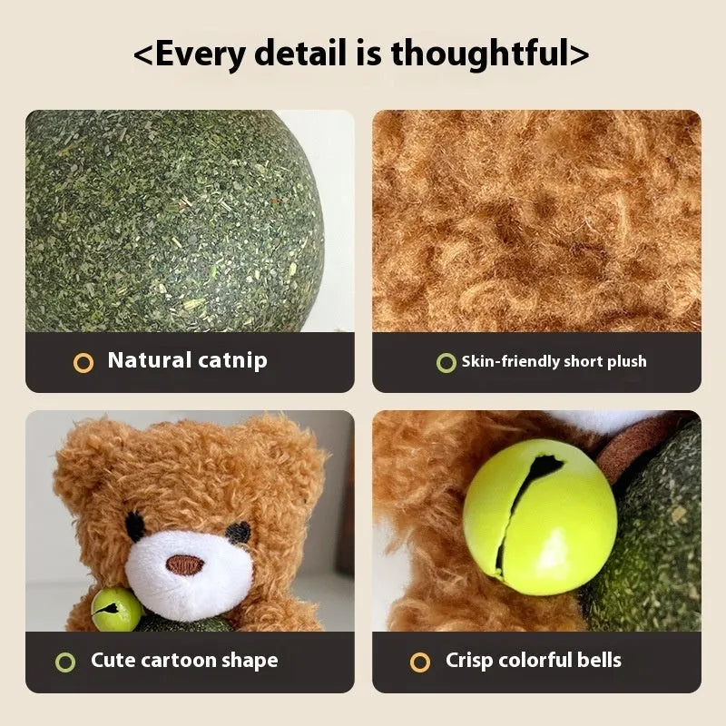 Plush catnip toy in animal design with bell, showing mint ball core for feline bite relief