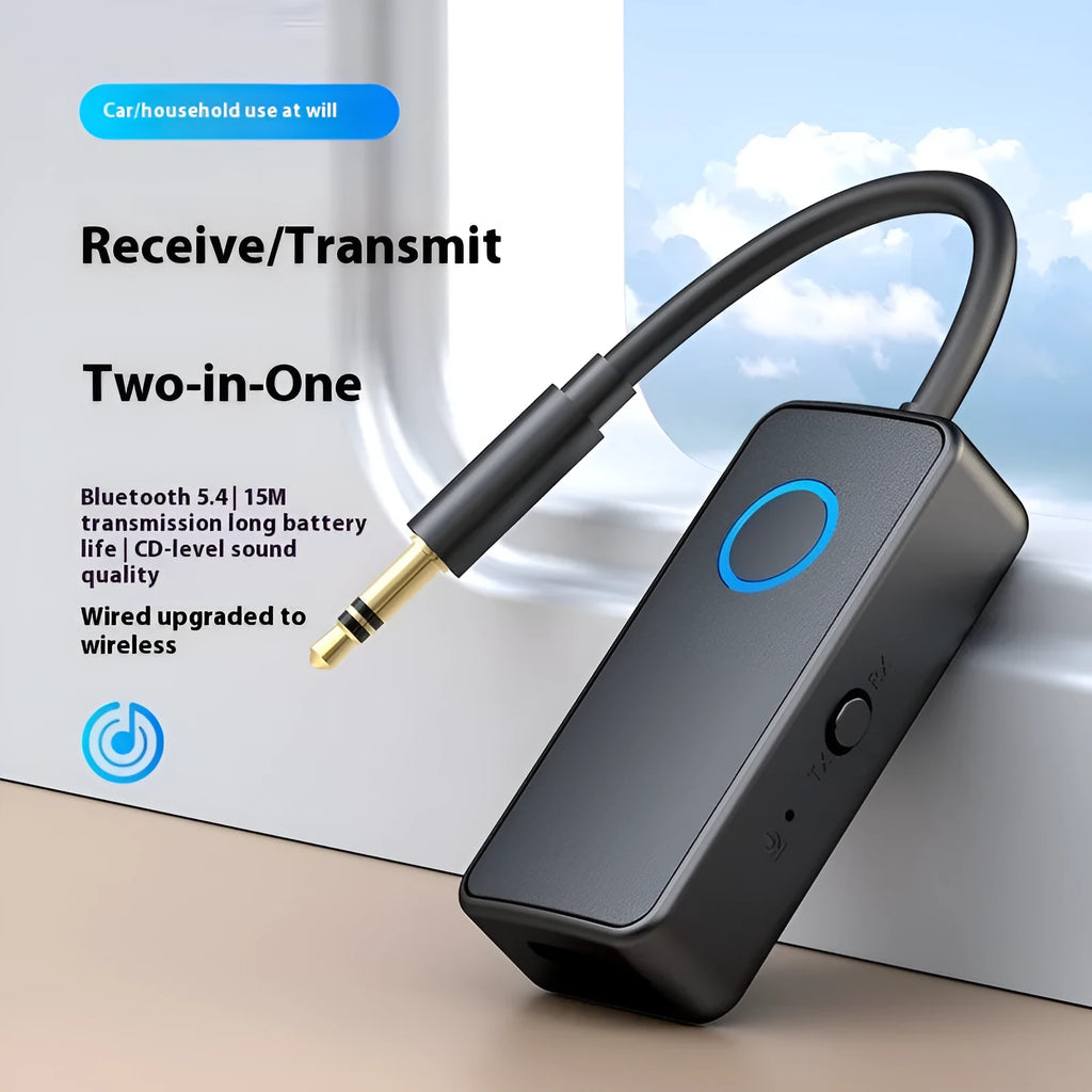 Black Bluetooth 5.4 audio adapter with 3.5mm plug showing wireless connectivity for audio devices