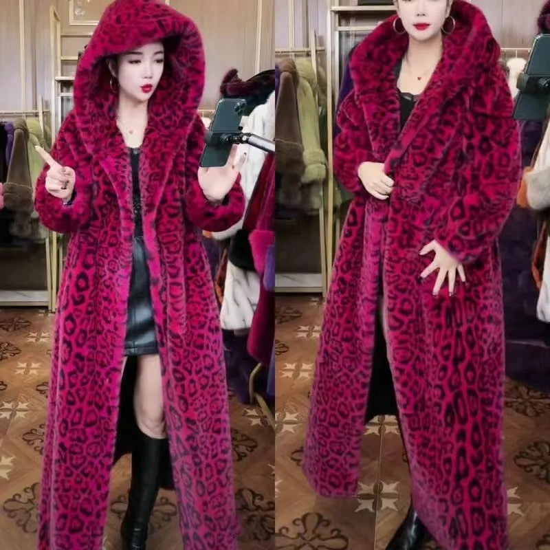 Brown leopard print plus size faux fur coat with 100cm length and regular sleeves