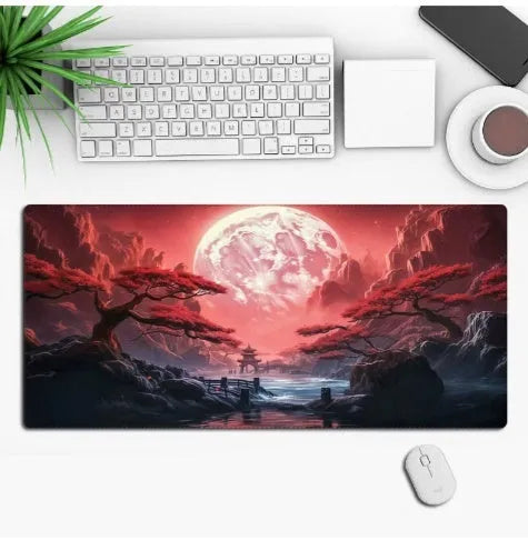 Anime design gaming mouse pad with non-slip rubber base shown on a desk