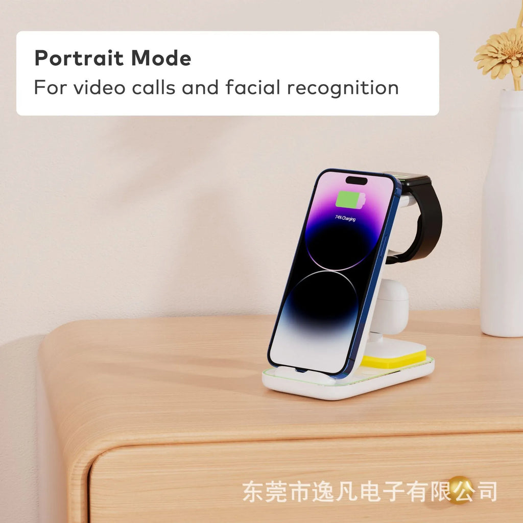 Black vertical wireless charger holding mobile phone upright with smart watch charging on base