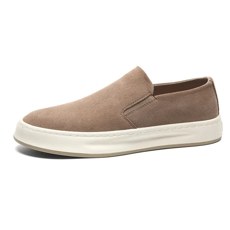 Men's gray and apricot casual shoes with round toe, PU upper, and sleeve design.