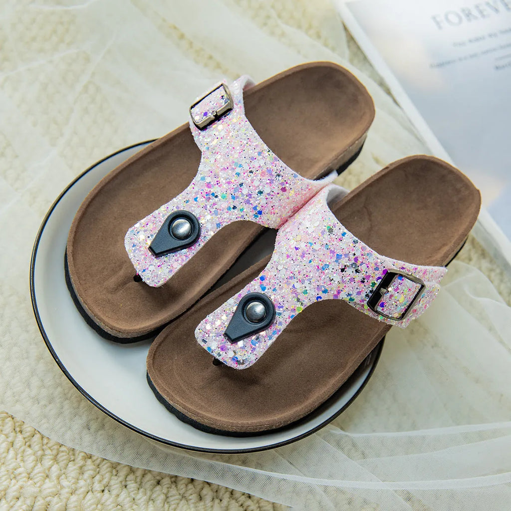Frosted gold cork flip-flops with artificial leather upper and PVC sole