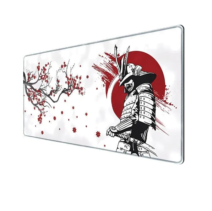 Japanese samurai design cloth gaming mouse pad on a desk, showing non-slip base and custom artwork.