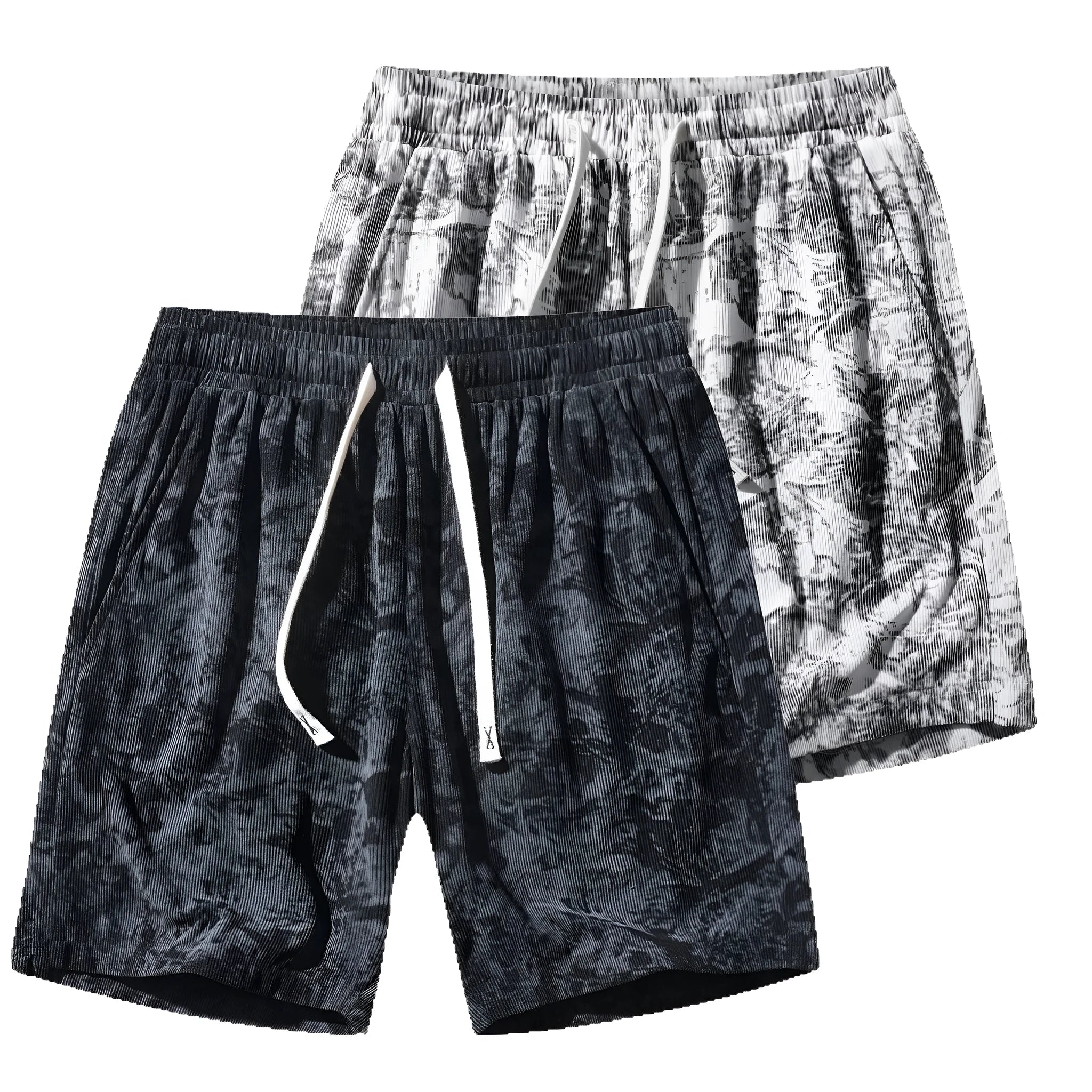 Men's camouflage pattern corduroy athletic shorts with high waist and straight leg in grey
