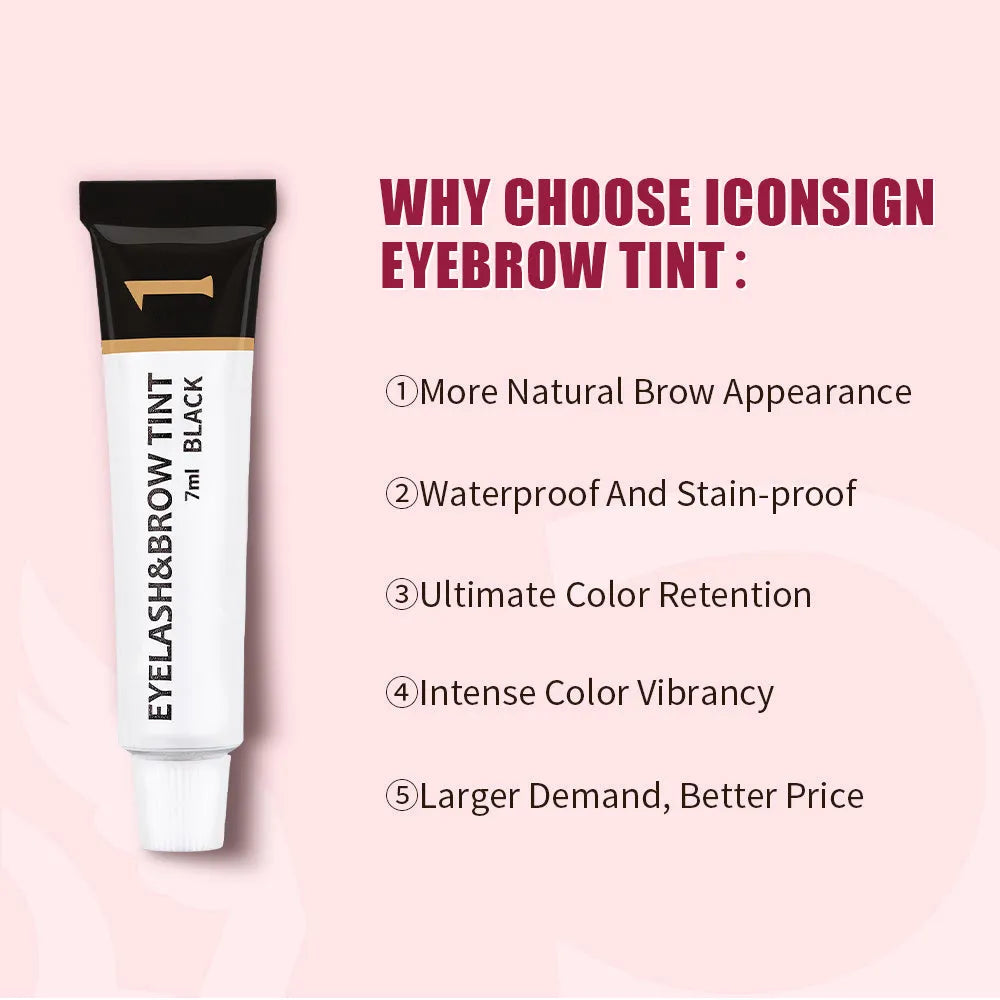 ICONSIGN eyelash and eyebrow tint kit with 5ml tint, 5ml developer, two brushes and gloves in black, coffee and brown