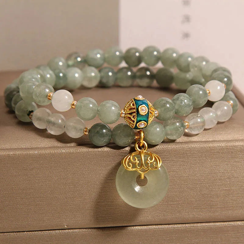 Women's double-layer aventurine jade bracelet with crystal rhinestones and safety buckle clasp