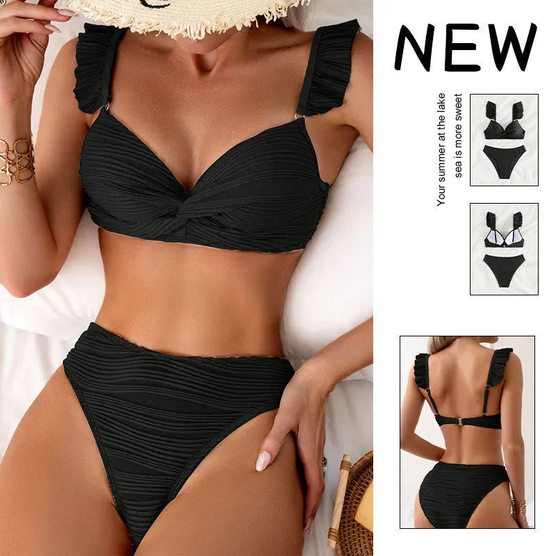Solid colour women's bikini swimsuit in black or khaki options with polyester fabric