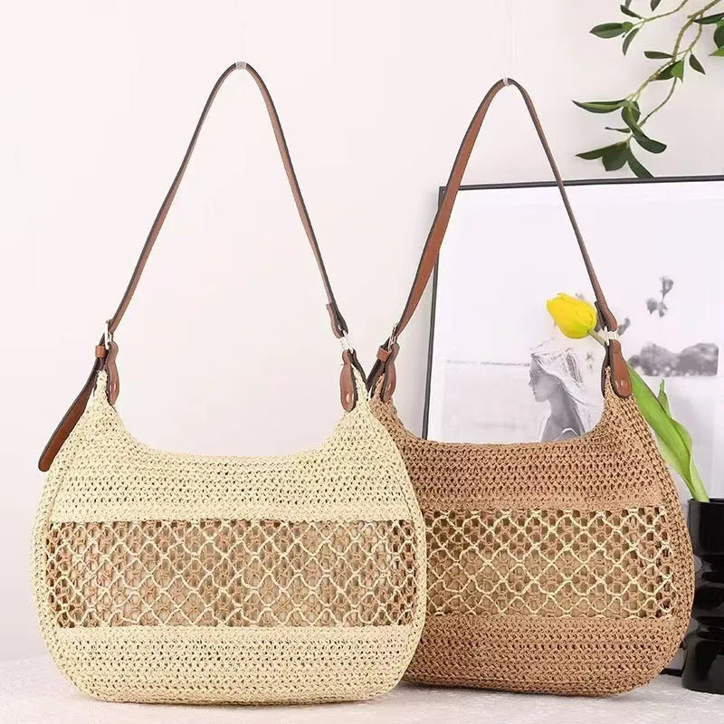 Women's straw cross body bag in khaki colour showing horizontal square shape and woven texture