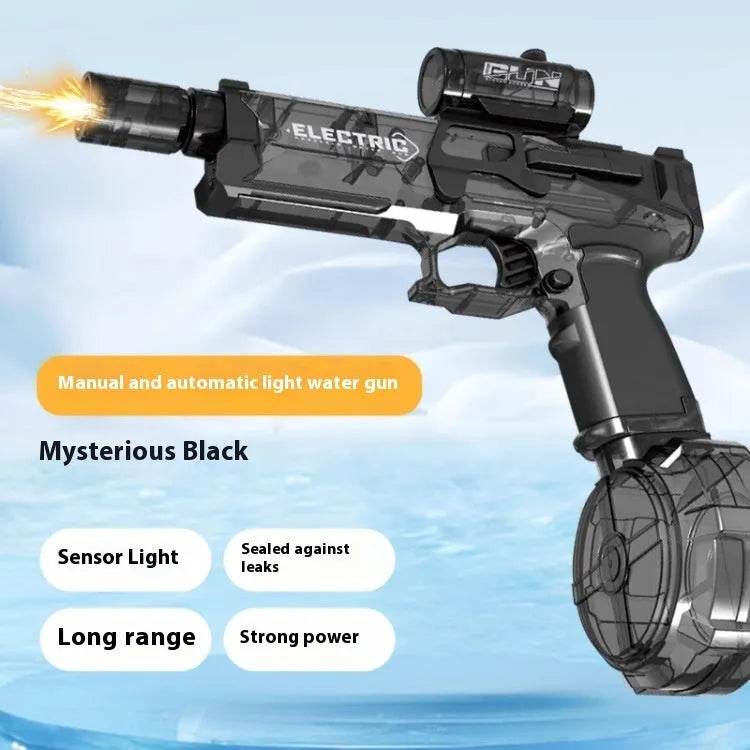 Black and blue automatic electric water pistol with LED lights, shown ready for a summer water fight.