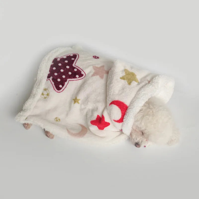 White coral fleece pet cloak pajamas with XINGX and Moon print, sizes M and L
