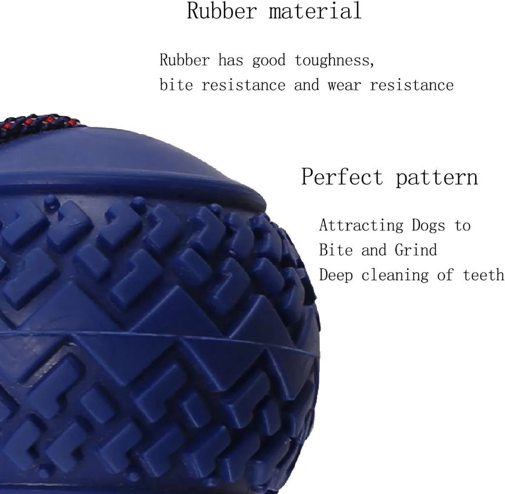 Blue or red natural rubber dog ball with rope toy for small and medium dogs featuring textured surface for teeth cleaning