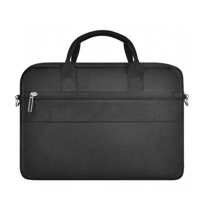 Black oxford cloth laptop handbag showing multi-pocket interior and separate padded computer compartment.