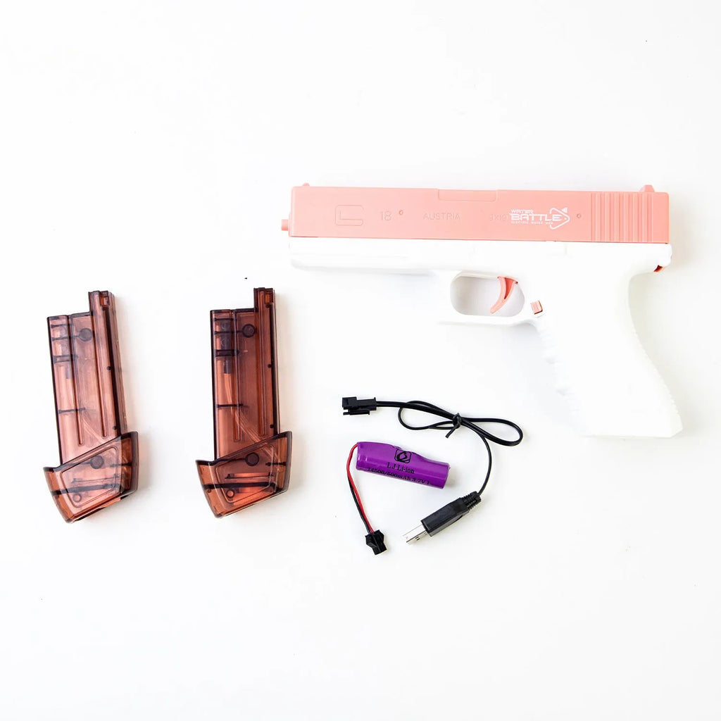 Electric water gun with USB charging cable and automatic straw, showing blue and pink colour options
