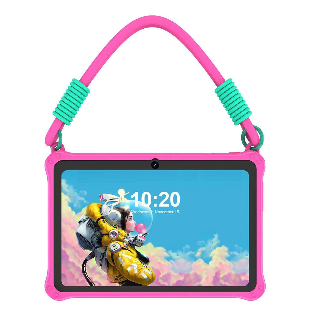 Sapphire blue silicone protective case for a 7-inch children's tablet, showing the integrated flat strap.