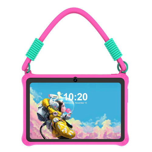 Sapphire blue silicone protective case for a 7-inch children's tablet, showing the integrated flat strap.