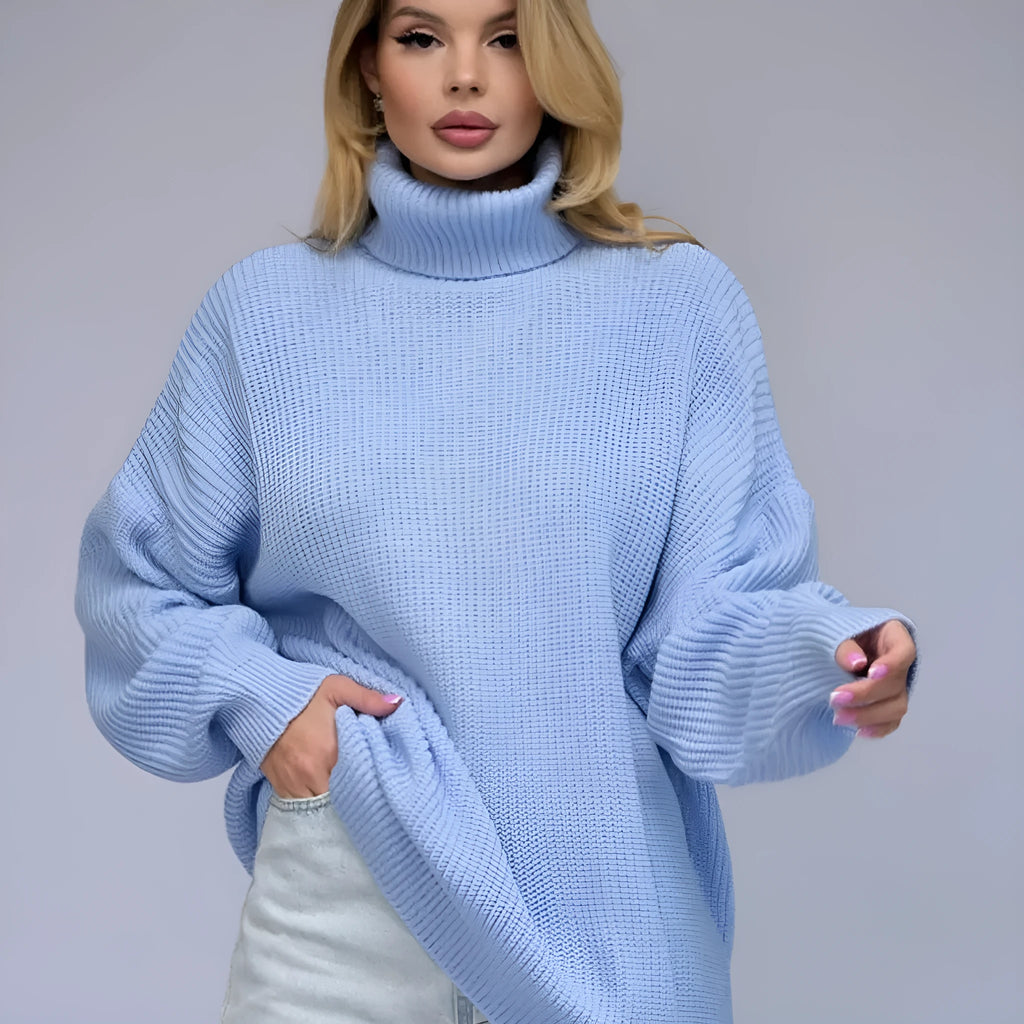 Women's loose fit high neck pullover sweater in thick imitation cashmere knit, shown in a solid colour with a 3D pattern.