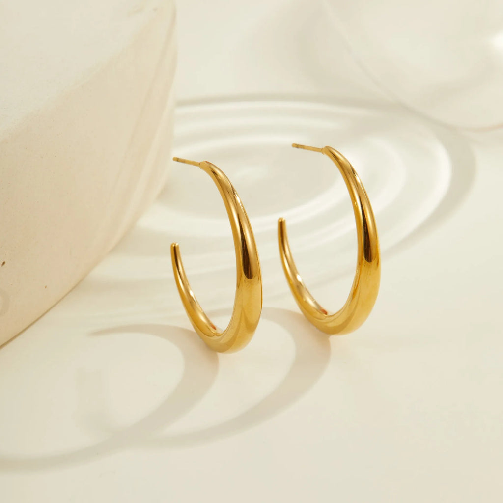 Titanium steel hoop earrings with geometric round design in gold and steel finish options