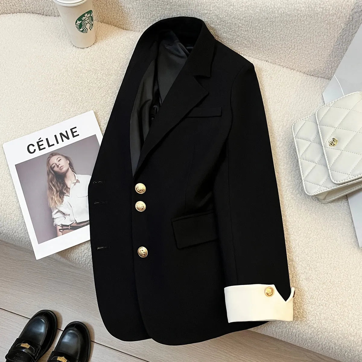 Korean style women's loose fit coat in milky white or black polyester with long sleeves and pockets