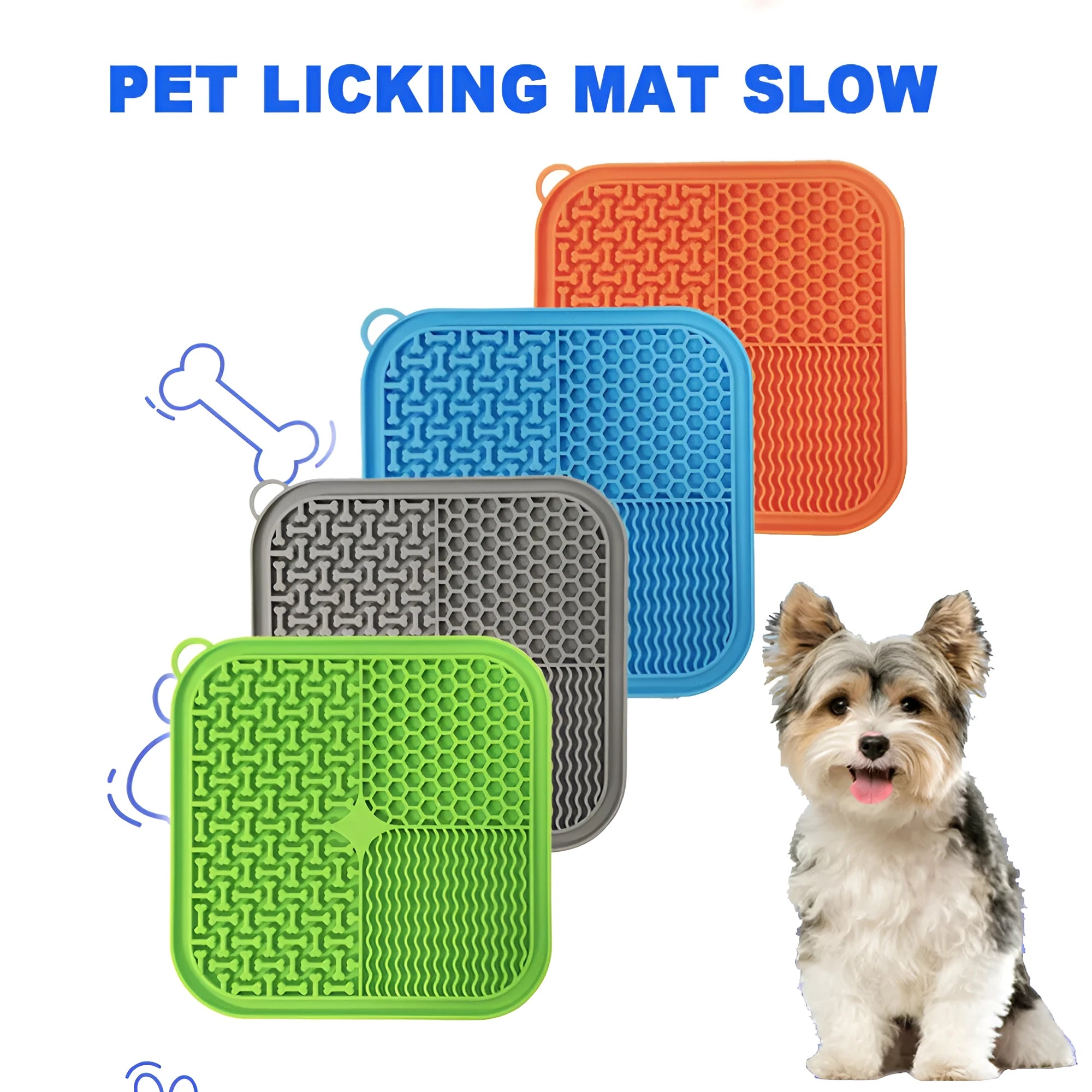 Blue silicone dog lick mat with textured pattern and suction cups on a table.