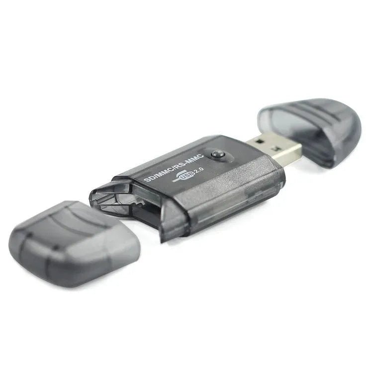 Transparent plastic USB card reader with LED light option on a desk