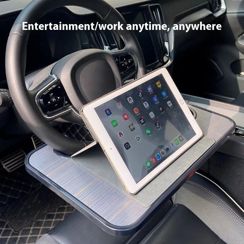 Car steering wheel laptop stand with foldable cup holder in matte black finish