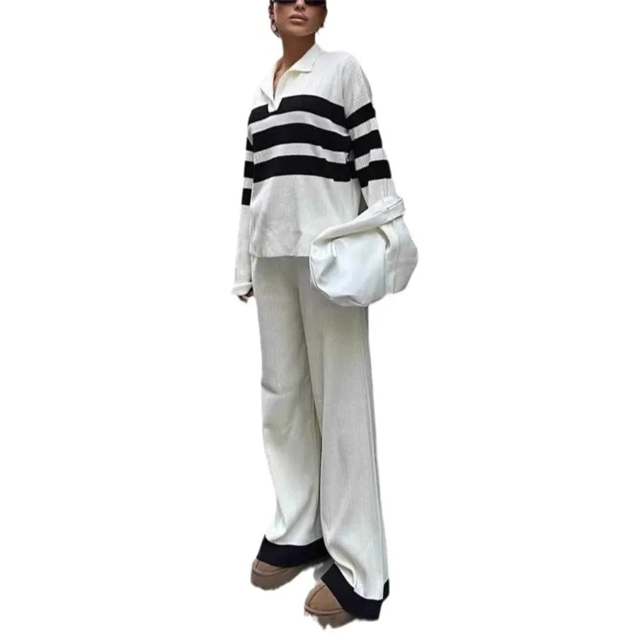 Women's black and white striped polo collar two-piece set with long sleeve shirt and trousers