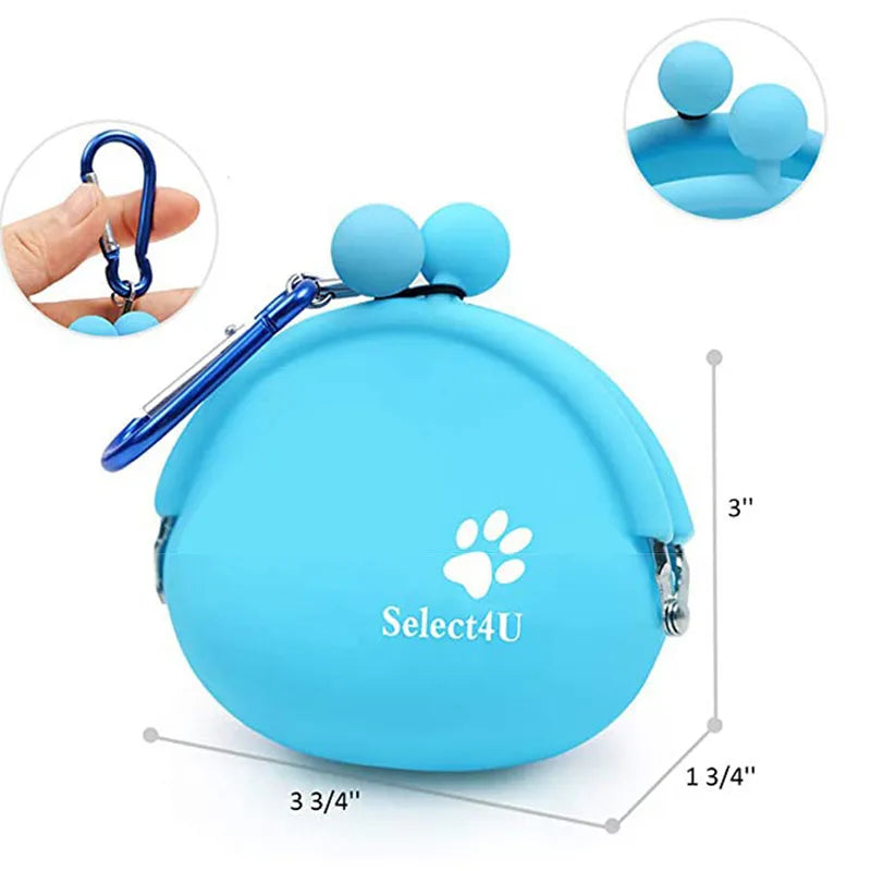 Silicone dog treat pouch with hook and loop closure in yellow, green, orange, blue, and pink for pet training