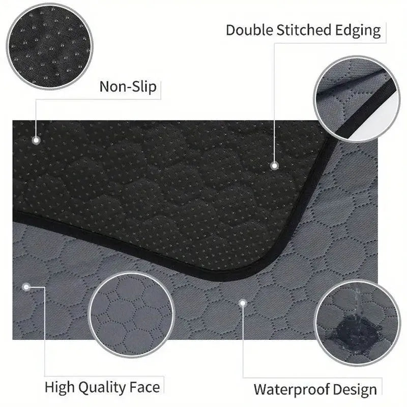 Set of two neutral-coloured washable dog pee pads on a wooden floor.