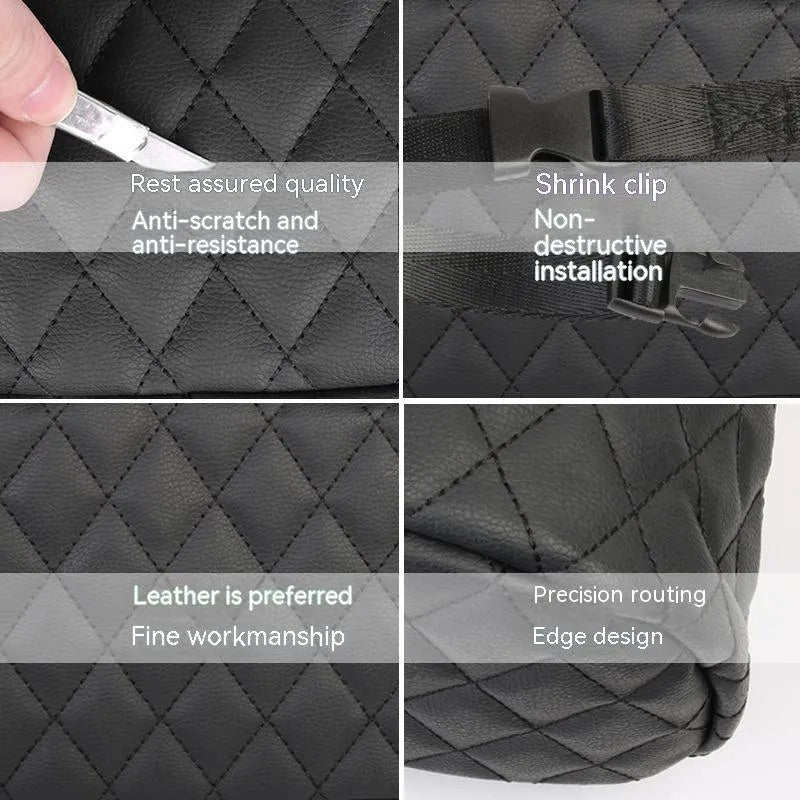 Black leather hanging storage bag for car interior, showing size and hanging loop.