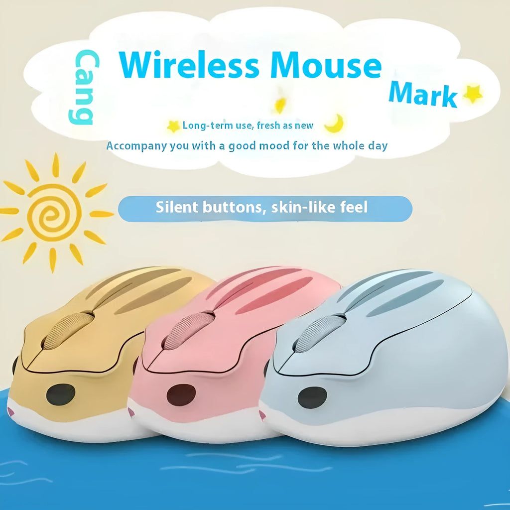 Hamster 109E Bluetooth wireless mute mouse in yellow, pink, and grey colours, showing compact size.