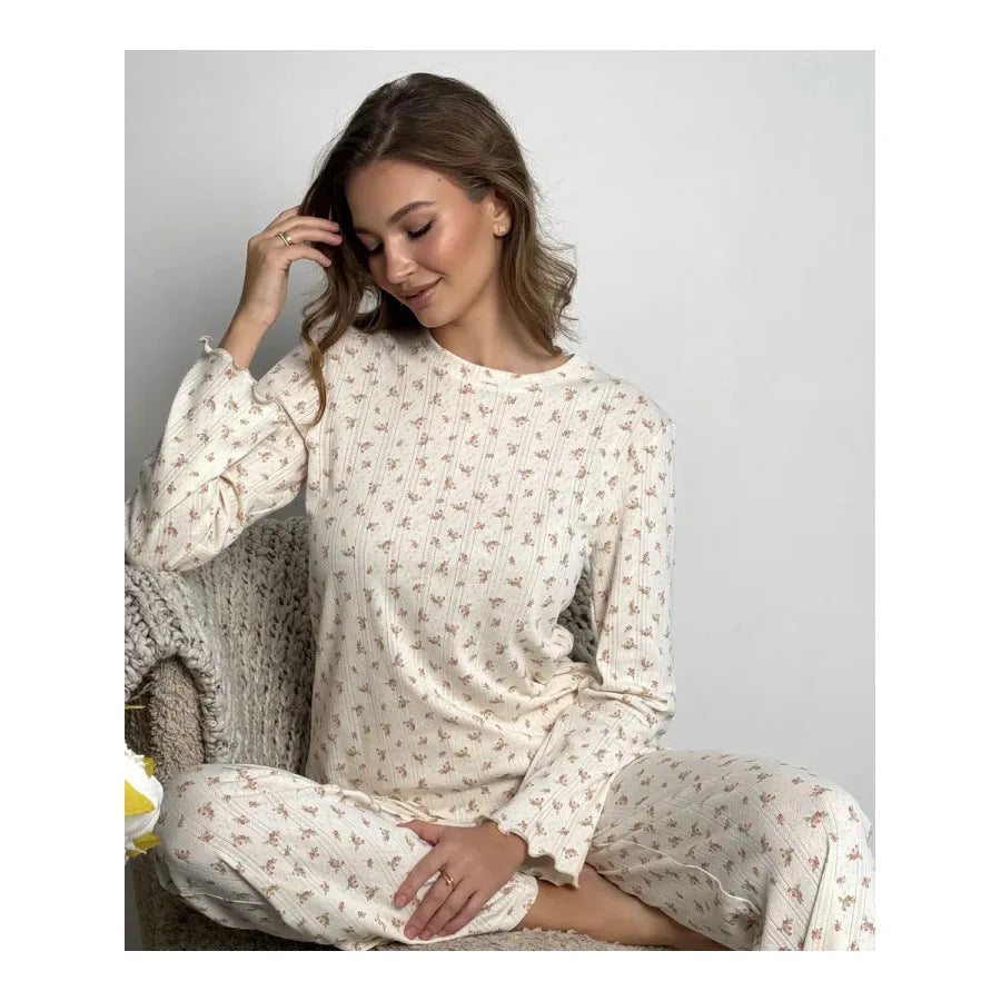 Women's white floral print two-piece suit set with bell sleeve top and wide leg trousers