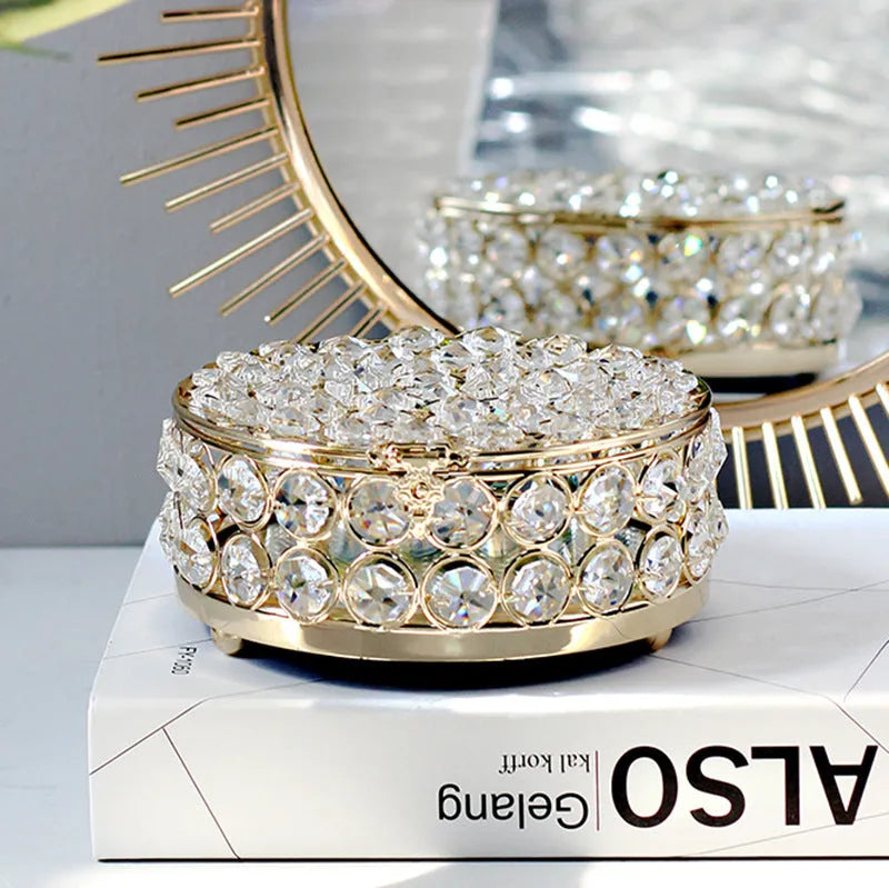French gold metal jewelry box with crystal glass panels in European style design