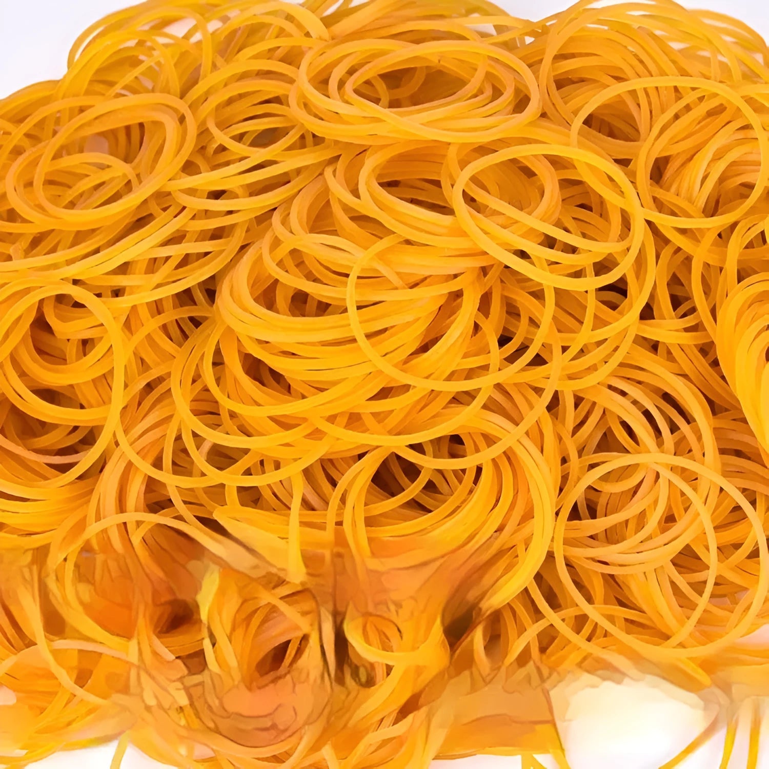500g bulk pack of assorted yellow rubber bands showing different sizes from 25mm to 70mm diameter.