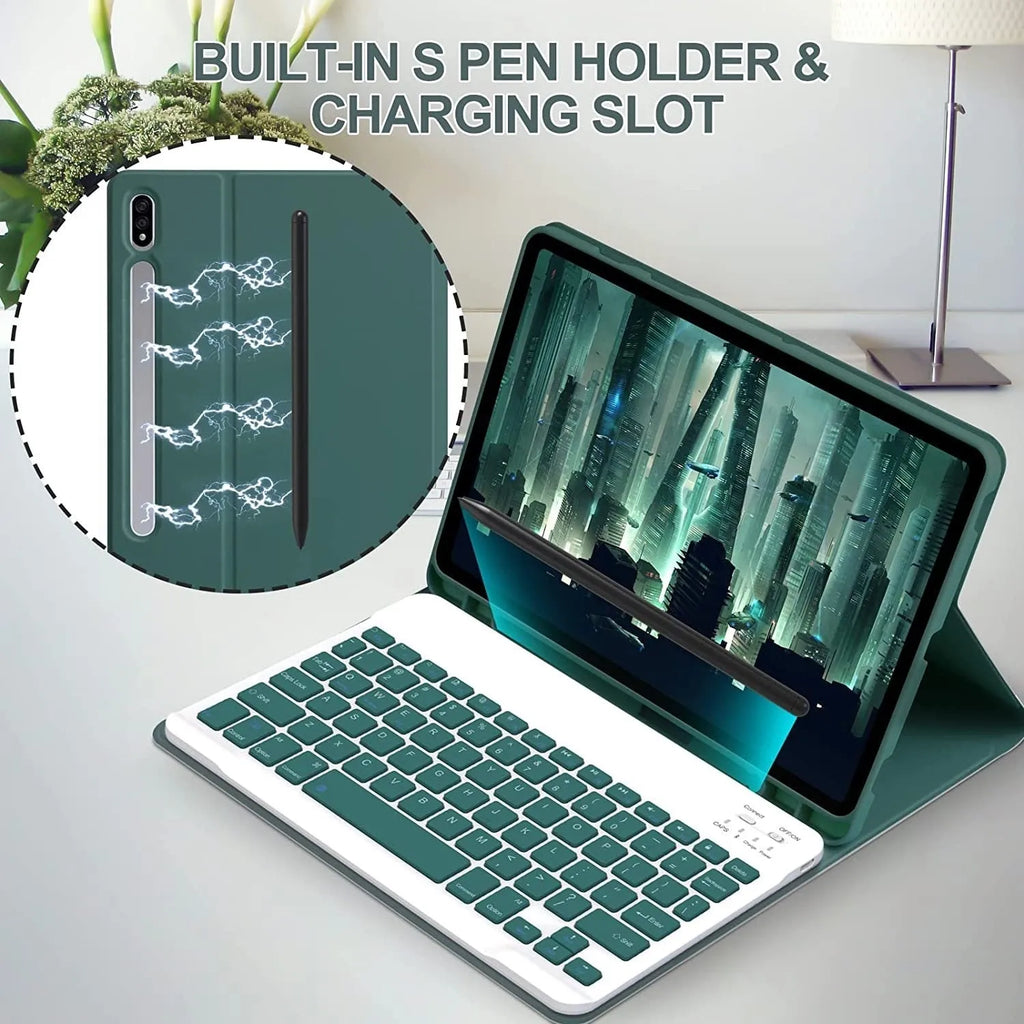 Bluetooth keyboard and charging mouse inside a soft TPU leather-look case for Samsung tablet