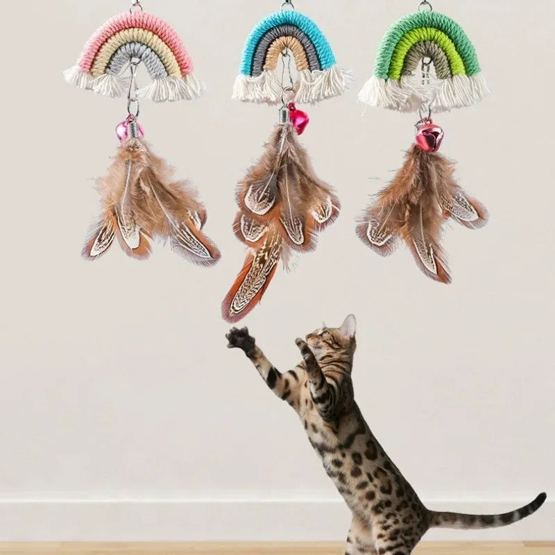 Feather cat rope toy with elastic door swing and sticky buckle clamp in blue colour