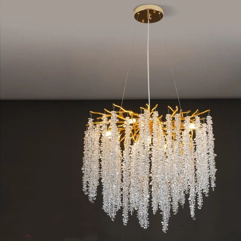 Crystal chandelier light with adjustable height, shown in a light luxury style with aluminium alloy body.