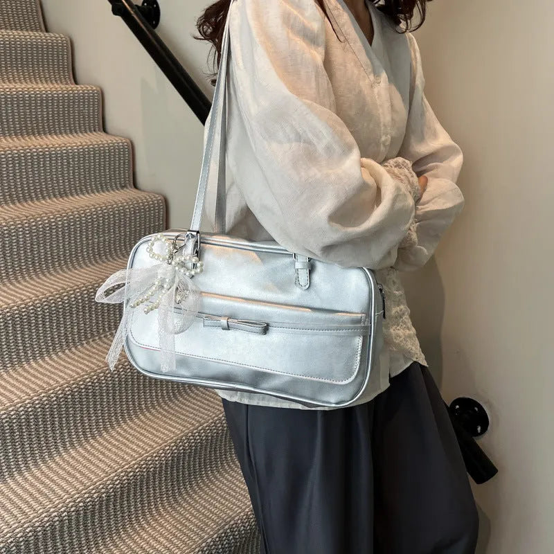 Women's horizontal square PU leather single-shoulder flap bag in a choice of colours with an optional silk scarf ornament.