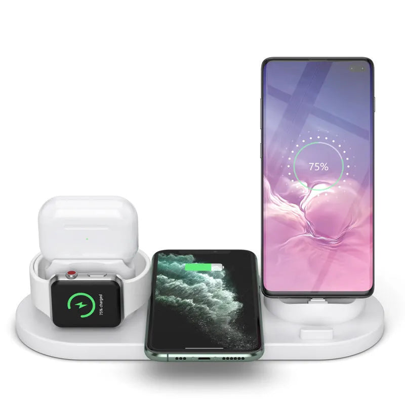 Black or white 6-in-1 wireless charging phone holder with 10W output and AirPods charging