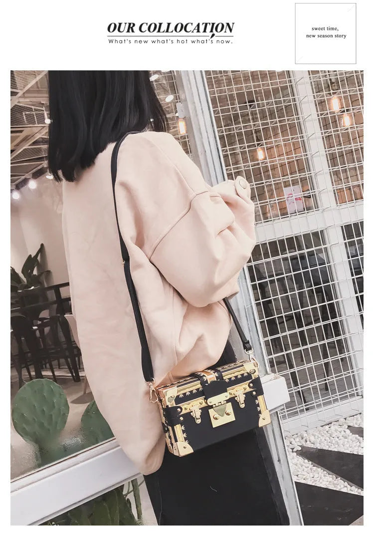 Women's hard PU shoulder bag with rivet decoration and hasp closure in black or green flap style