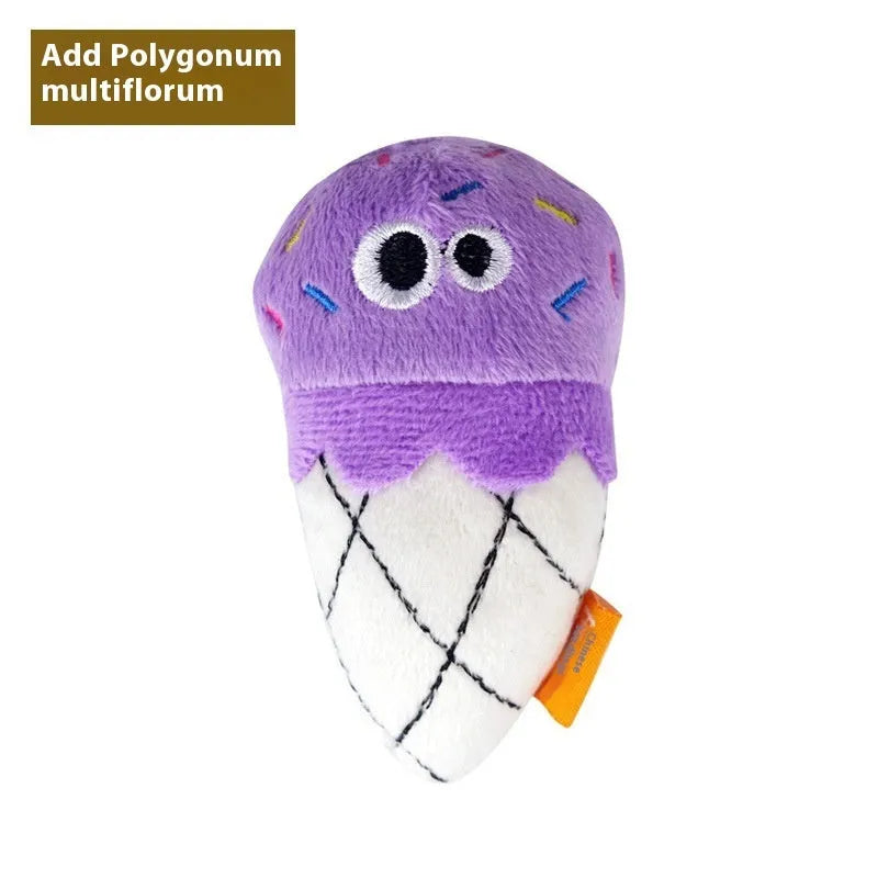 Six colourful polygonum multiflorum shaped cat toys: burrito, cone, cucumber, mushroom, pineapple, and pizza designs