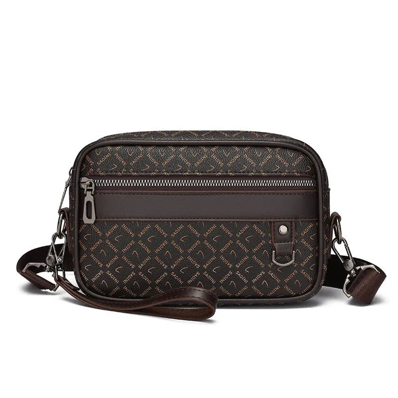 Men's black horizontal messenger bag with geometric pattern and shoulder strap